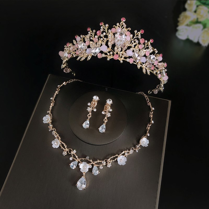 儿童皇冠头饰花童粉色水晶发饰王冠女孩生日演出发箍公主礼服配饰