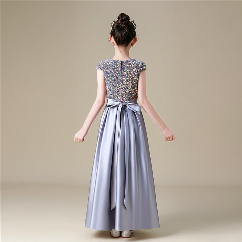 高端灰色闪亮小提琴钢琴演出服管弦乐团合唱毕业表演女童晚礼服春