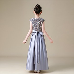 高端灰色闪亮小提琴钢琴演出服管弦乐团合唱毕业表演女童晚礼服春