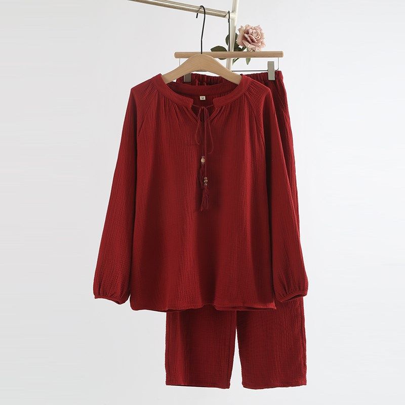 本命年新年红色国风睡衣女士春秋夏季纯棉纱布薄款长袖家居服套装