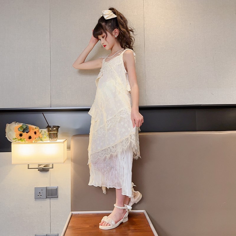女童连衣裙2024新款夏季无袖荷叶边中长裙蕾丝吊带气质高级感裙子