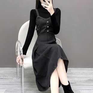 春秋加大码中长裙新款百搭宽松收腰背带长裙牛仔吊带a字连衣裙潮