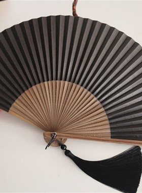 月亮扇 6.8寸日式折扇竹柄扇双面纸扇男扇空白纯黑色纸扇可书画