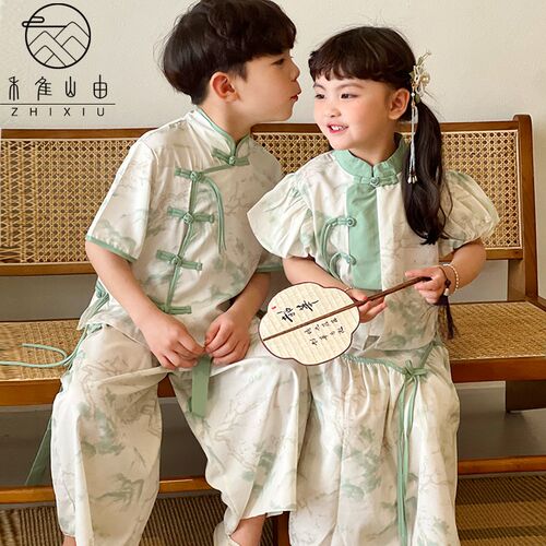 儿童汉服夏装女童新中式国风唐装男童国学演出服古装民族国学演出
