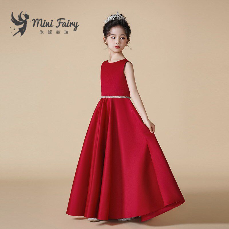 女童钢琴演出服儿童艺考小提琴比赛表演服红色气质长裙生日晚礼服
