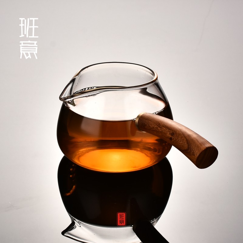 班意侧把公道杯分茶器日式手工玻璃功夫茶具小茶海花梨木把手公杯