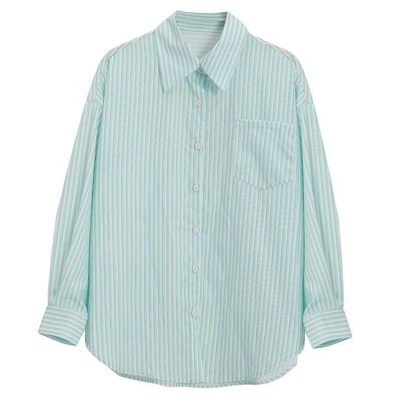 高级感绿色条纹衬衫女长袖夏季大码胖mm宽松中长款BF风防晒衬衣潮