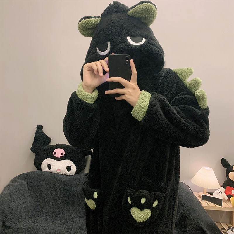 小恐龙连体睡衣女秋冬季珊瑚绒睡裙加绒加厚可爱家居服法兰绒长款