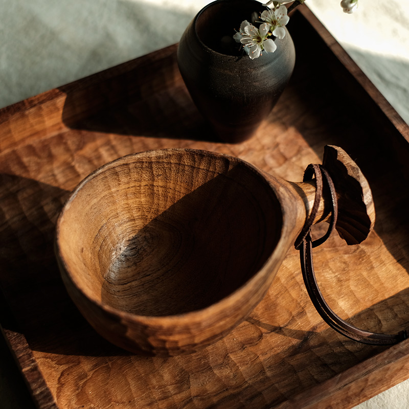 大墅木作 实木碗手工碗木碗鲸鱼碗点心碗水果盘干果盘带柄碗日式