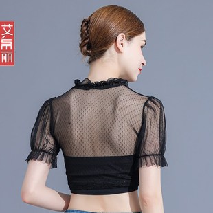 短款网纱打底衫女夏黑色短袖t恤吊带裙内搭薄纱透明紧身蕾丝上衣