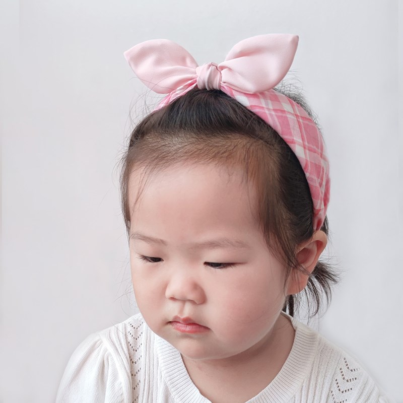 韩国女童宽边格子蝴蝶结发箍小女孩公主纯棉布艺发卡立体头箍头饰