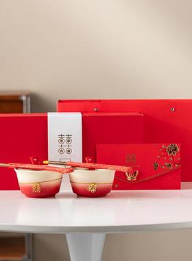 结喜碗女一对碗筷勺中式红色托套装方盘陪嫁婚庆用品大全送新MZB