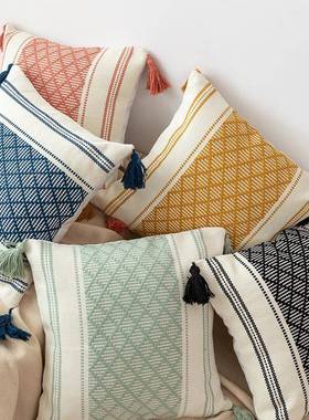 方形DFO苏条纹样板房流编织客厅沙发套波米西亚棉线靠垫靠枕抱枕