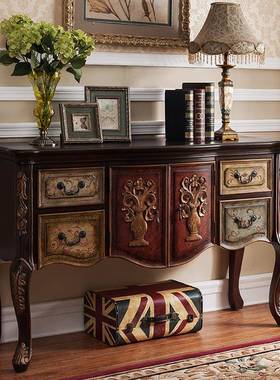 柜欧实木餐美式乡村雕花客厅玄关台中式复古边做旧端景台BBZ式靠