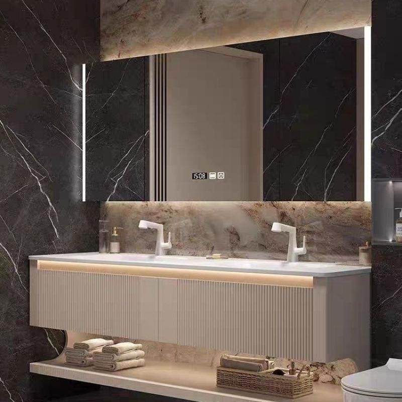 岩热弯一体板双盆木浴室柜组橡现代奶油风卫XLW生间洗合脸池洗台