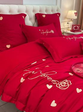 高中式结纯棉刺绣婚庆四件全棉大红色床62291单被套陪嫁婚床档上