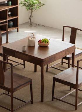 新中实现代简约北木美黑胡桃木餐老榆木64566式休闲家椅用靠背餐