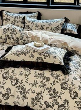 2风025新款轻法赫本古印式花纯棉四件套韩式黑复色花边全93206棉