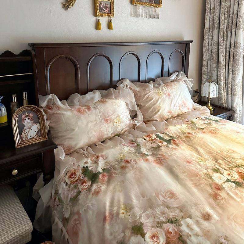 法式套天丝棉公主玫风荷QGD花边夏季四被套床单瑰花语碎件花