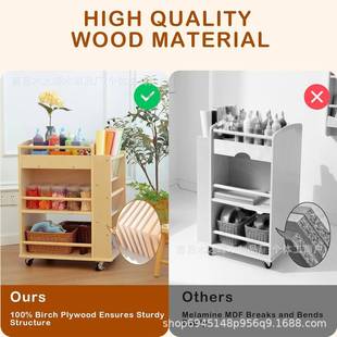 收跨境木童玩儿具收纳柜带轮子制小推车木制艺术推儿童书架车玩具