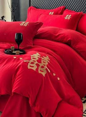 刺绣罩四绣件套婚庆大红41422色花套结婚房双人床单被四季通用被