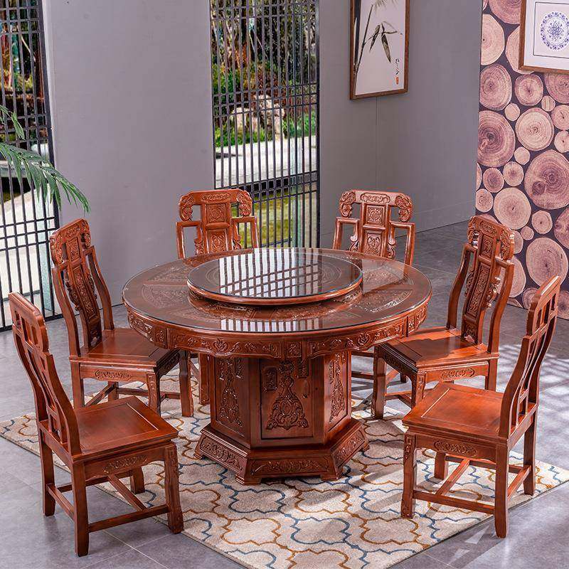 仿中式用实木圆形餐桌雕无品牌/花橡木大圆桌家饭10人中式古餐桌