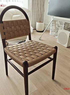 法式薇中古薇安餐椅绳编实椅子复古客厅家用编织木靠背闲SCQ化休