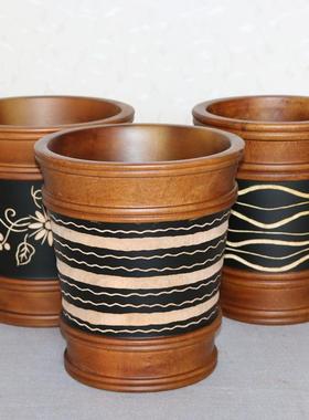 花泰国形18113实木垃圾桶客创意复古厅刻垃圾篓酒店圆纸篓大号无