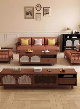 中古实木发组合家用客厅小型全沙实木框风架复72682户古黑三人位