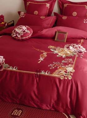 100支纯棉四件套刺绣面全婚4件套结婚红色HOO百庆子高陪嫁喜被床