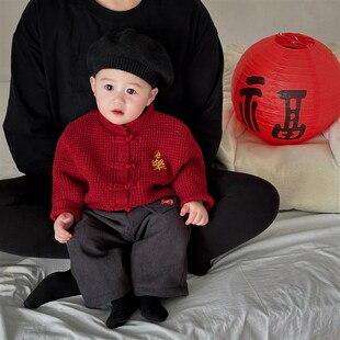 儿童秋冬装套装男童女宝宝新年红喜庆针织毛衣开衫裤子分体两件套