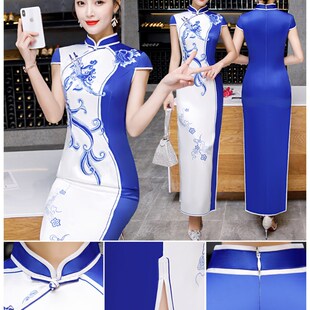 青花瓷旗袍走秀演出服气质年轻连衣裙礼服长款春夏日常大码中国风