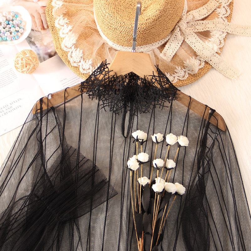 蕾丝打底衫女喇叭袖新款内搭高领纱衣洋气条纹女人味高领网纱上衣,女装/女士精品,蕾丝衫/雪纺衫,淘宝优惠券,粉丝福利购,淘宝优惠卷