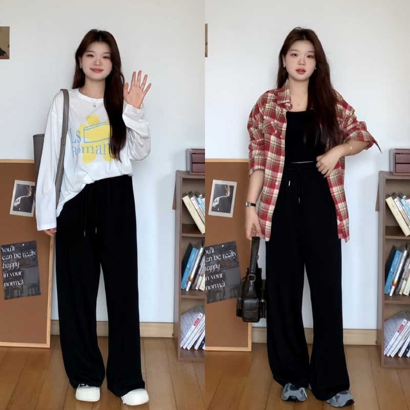 微胖的喵喵 大码梨形mm春季休闲百搭显瘦松紧腰抽绳阔腿裤子 1930