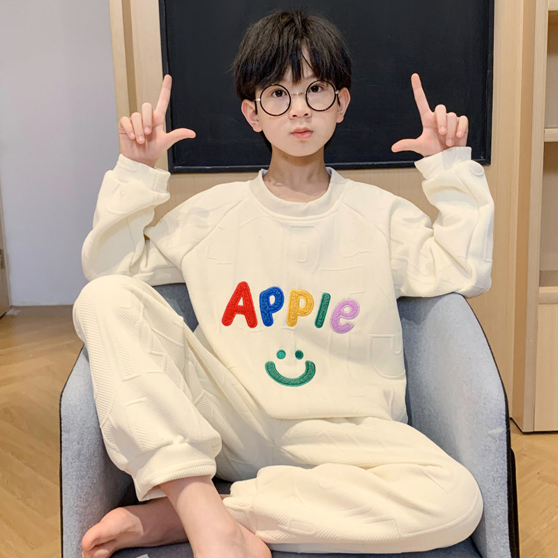 儿童睡衣男童秋冬季三层夹层纯棉保暖家居服男孩束口套头圆领套装