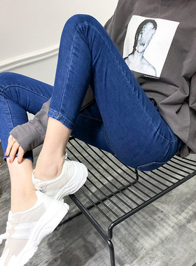 矮个子150cm秋冬加绒烟灰色八分铅笔紧身小脚裤女高腰九分牛仔裤