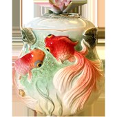 陶瓷金鱼荷花密封罐储物罐饼干罐茶叶罐锦鲤莲花鲜花花瓶中式 古典