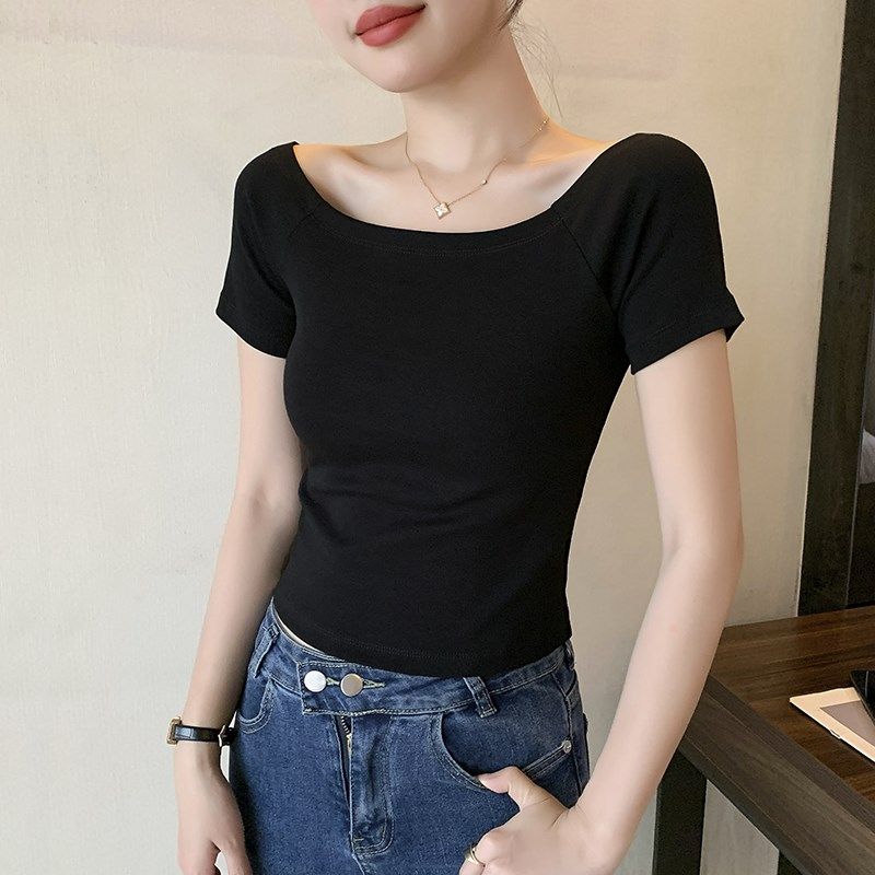 黑色纯棉一字肩短袖T恤女夏季内搭低领露锁骨大领口打底短款上衣,女装/女士精品,T恤,淘宝优惠券,粉丝福利购,淘宝优惠卷