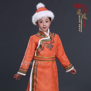 儿童蒙古袍冬季加棉加厚款蒙古族女童连体服装少数民族演出服仿皮