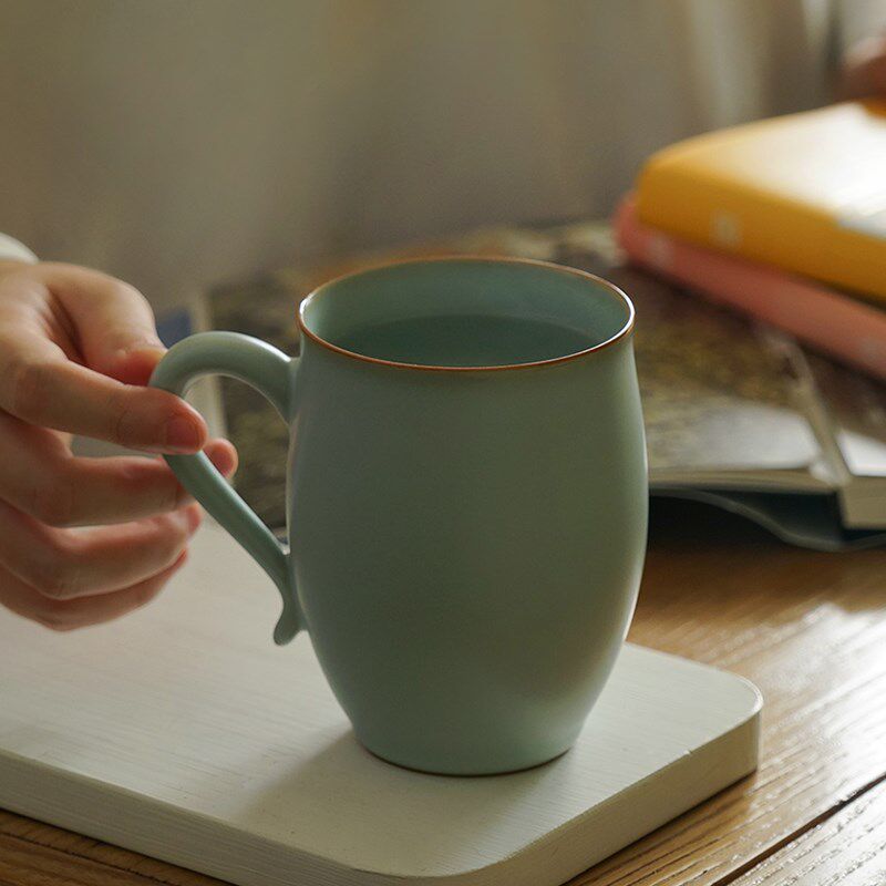 汝窑马克杯大容量复古办公室茶杯陶瓷景德镇水杯开片杯子青瓷礼品
