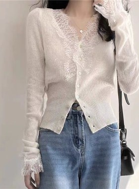 蕾丝镂空长袖毛衣女秋冬新款大码胖妹妹小开衫黑色上衣针织衫外套