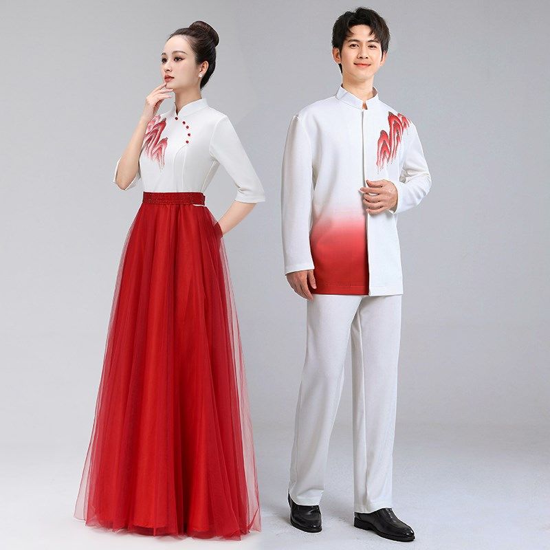 新款男女大合唱表演服学生红歌比赛诗朗诵演出服主持人礼服中国风