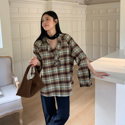 RUSTLE INTERLUDE荷叶边气质宽松磨毛绿色格纹衬衫长袖内搭上衣女