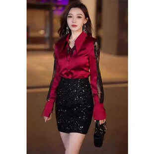 性感女人味套装2024冬季新款蕾丝拼接衬衫百搭亮片短裙时尚两件套