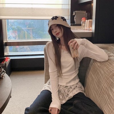 法式复古长袖假两件蕾丝挂脖打底衫女春秋装夏季叠穿内搭屁帘上衣