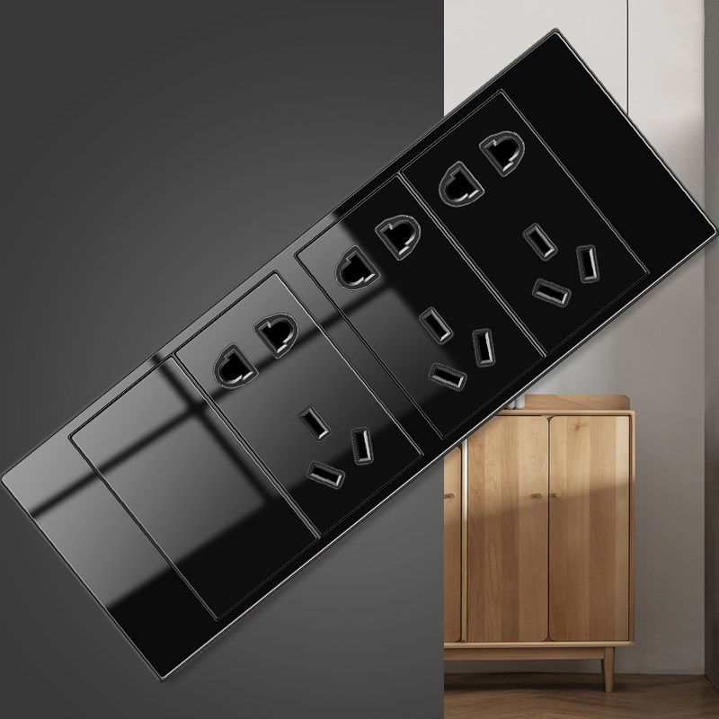 国际电工118型开关插座面板黑色玻璃镜面家用10六九9多孔墙壁暗装