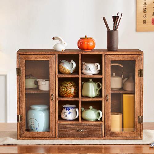 实木中式桌面收纳盒防尘茶壶化妆品置物架茶具展示架收纳柜多宝格