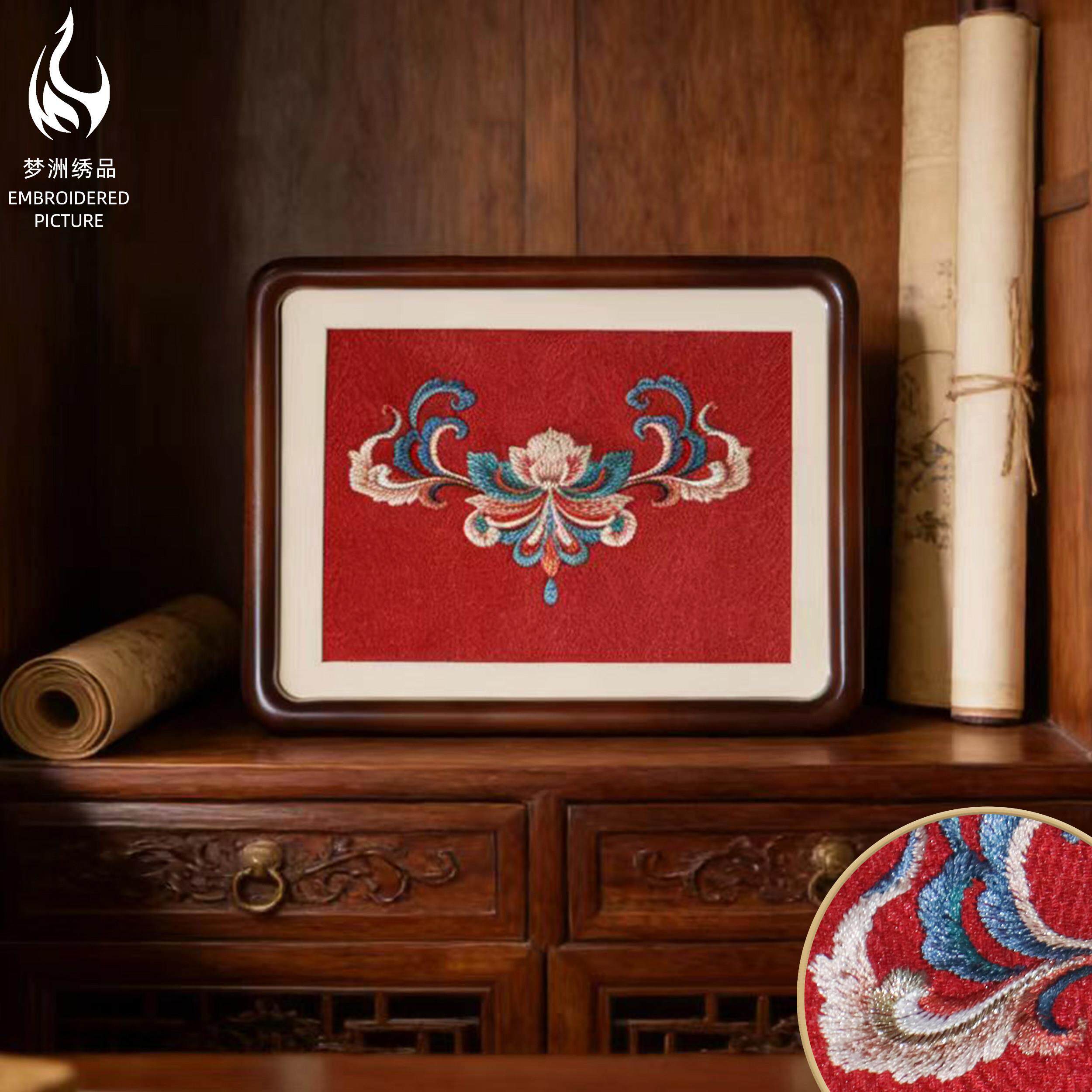 梦洲绣品《莲瑞呈祥》苏绣装饰画小尺寸新中式桌面摆台送老外礼物