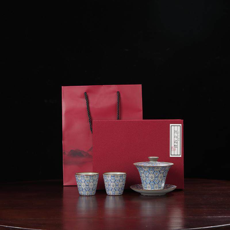 汝窑掐丝银手作功夫悬停泡茶碗一碗二杯钥匙锁甲纹高档功夫茶具送