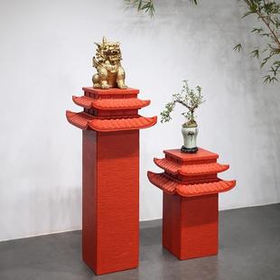 办架公室落地新中式仿EJI石头底关座石柱墩花玄入户门客装厅饰品